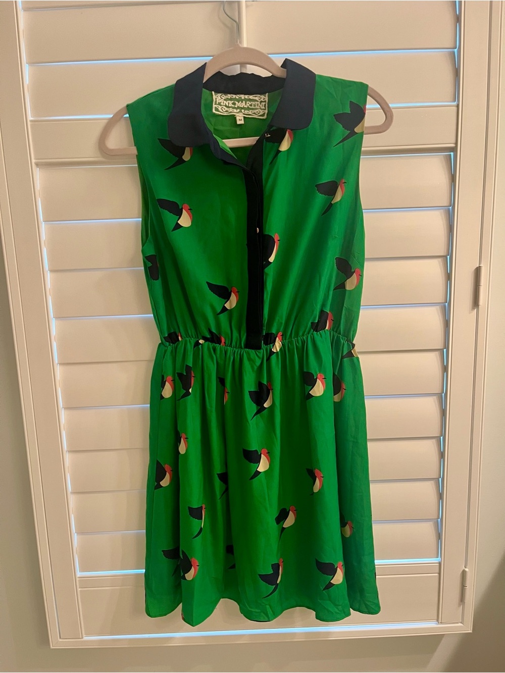 Pink Martini Green Sleeveless Collared Bird Print Dress